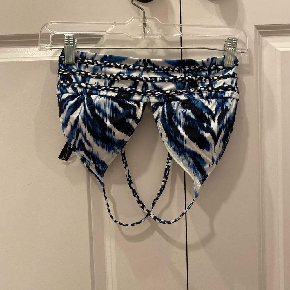 Blue and white tie-dye bikini top